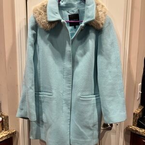Talbots Light Blue Wool Blend Coat with Removal Fur Collar Sz 16